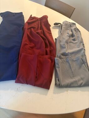 3 pairs of wide leg trousers-burgundy, navy and grey.